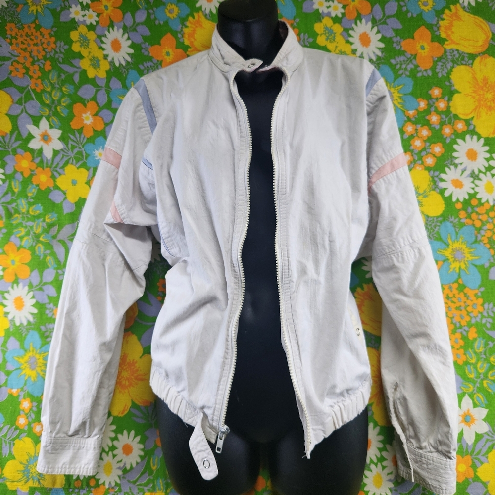 White Tiger Vintage 80s Pink Blue Stripe Sporty Windbreaker Jacket